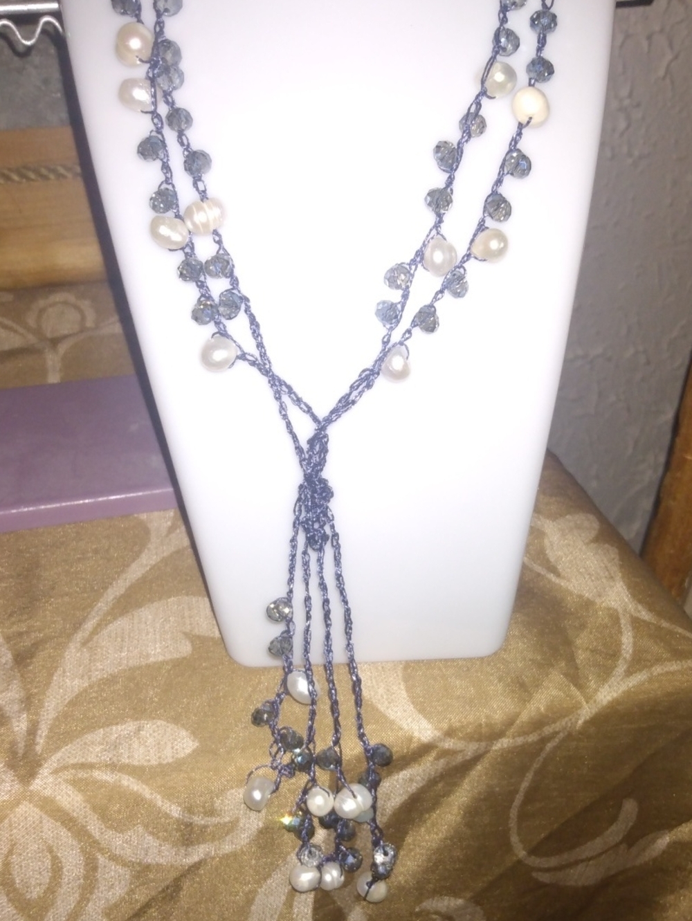 Loft Fashion Blue Braided Lariat Necklace with Ivory Pearls